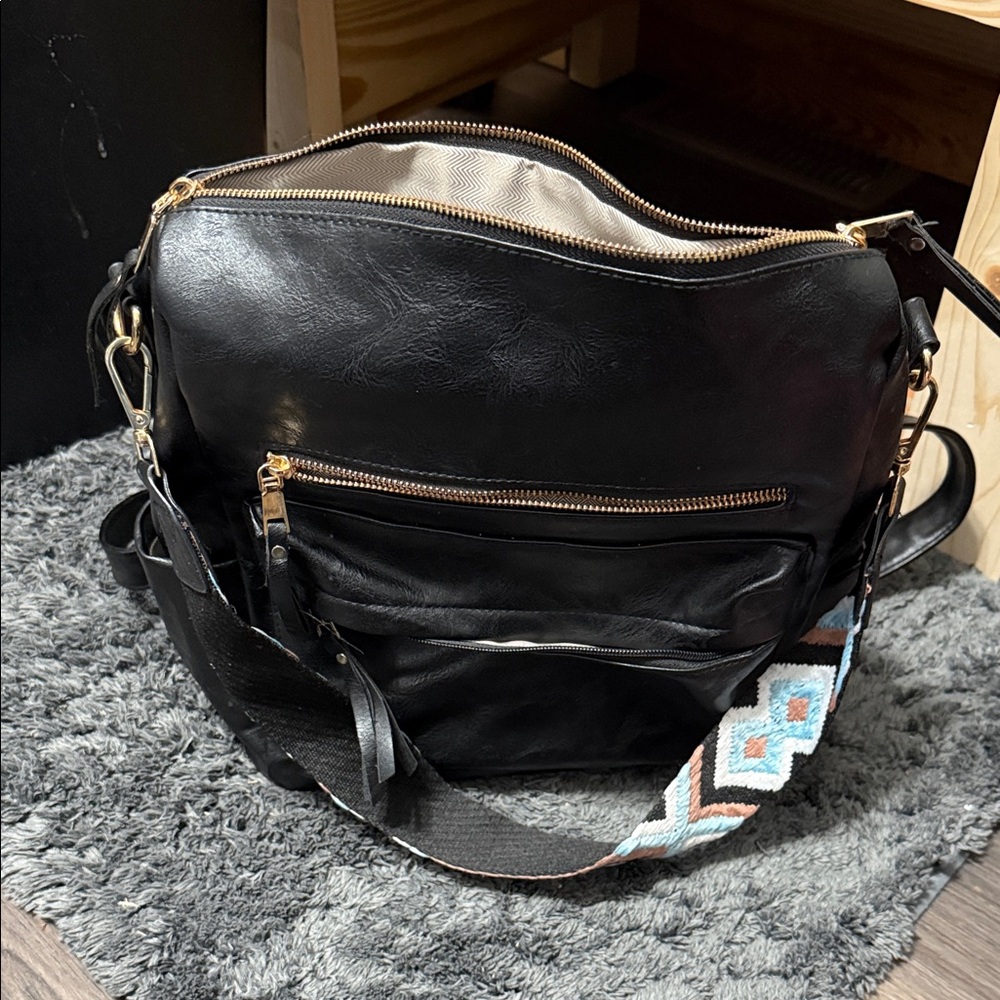 Black Leather Backpack With Patterned Strap - image 3